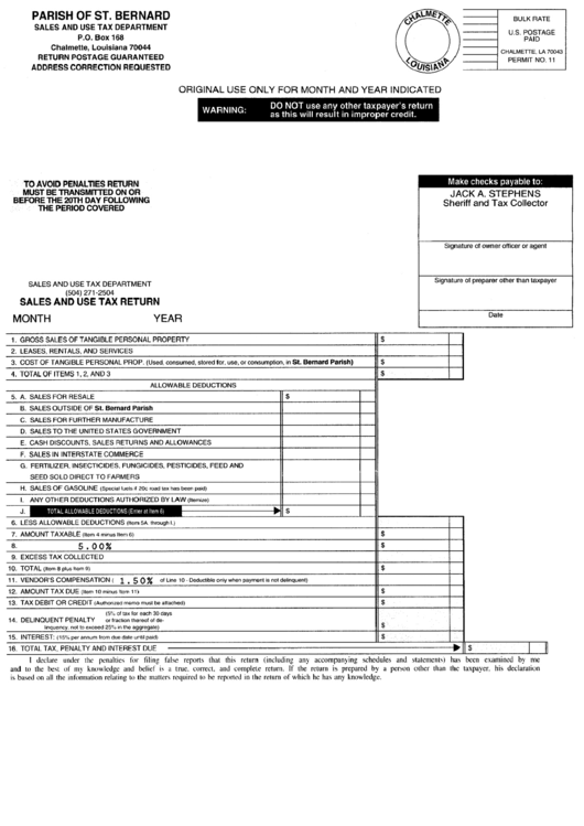 Sales And Use Tax Return Form - Parish Of St. Bernard printable pdf
