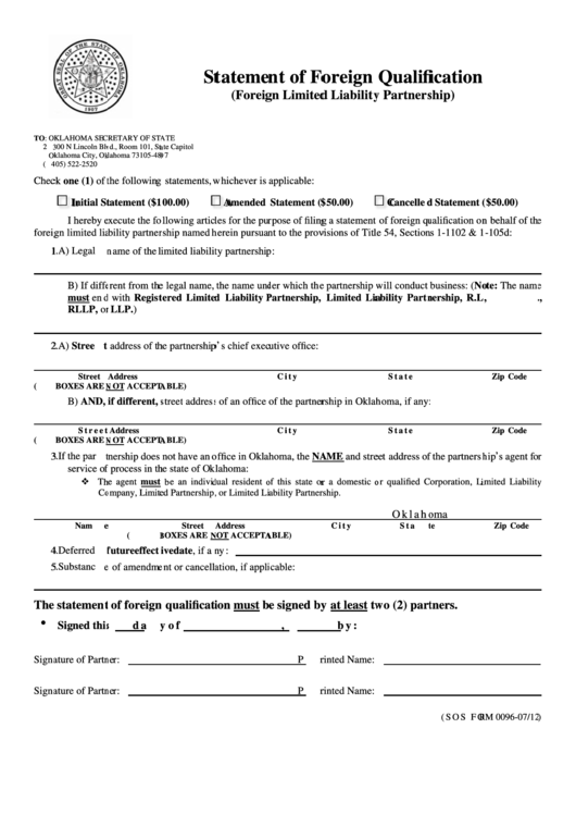 Form 0096-07/12 - Statement Of Foreign Qualification - Foraign Limited Liability Partnership - Oklahoma Secretary Of State