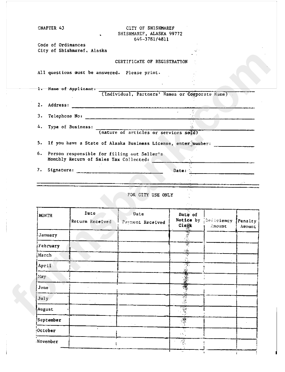 Certificate Of Registration Form - City Of Shishmaref