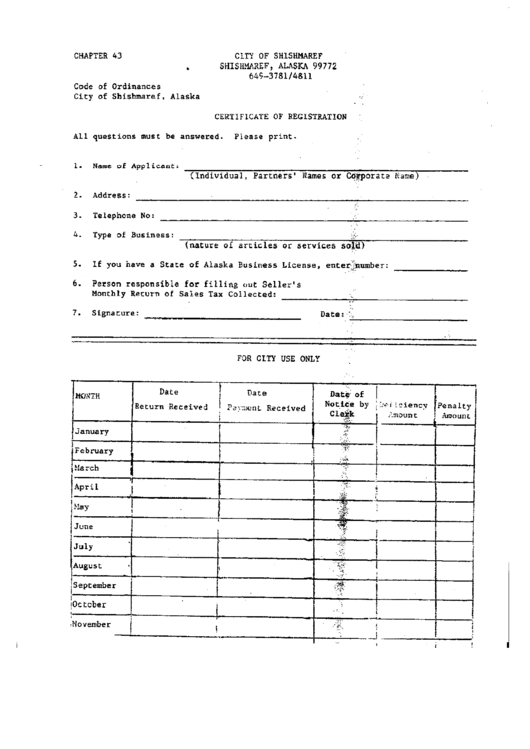 Certificate Of Registration Form - City Of Shishmaref Printable pdf