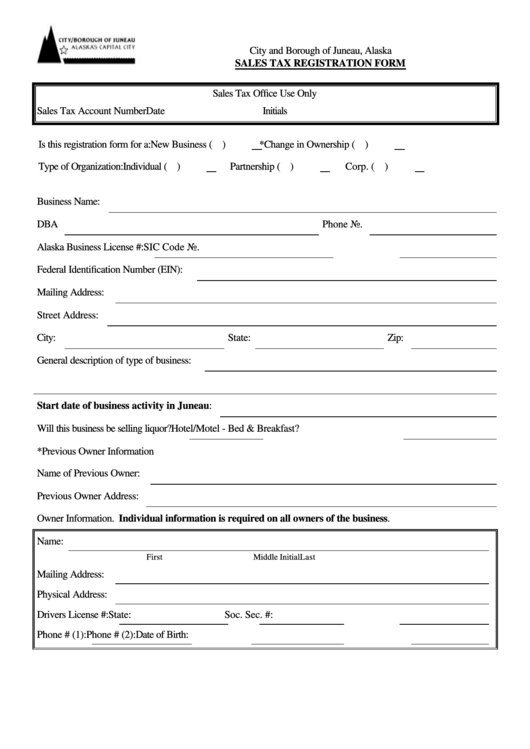 Sales Tax Registration Form City And Borough Of Juneau printable pdf