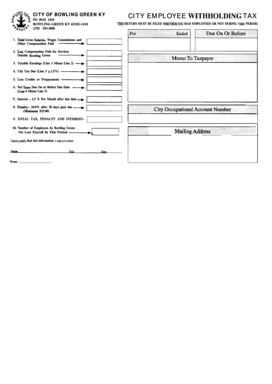 City Employee Withmqlding Tax Form - State Of Kentucky Printable pdf