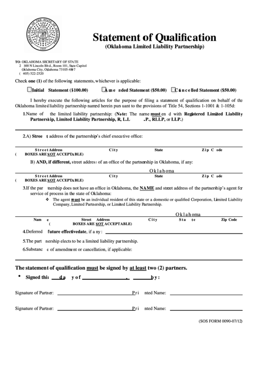 Form 0090-07/12 - Statement Of Qualification - Oklahoma Limited Liability Partnership - Oklahoma Secretary Of State Printable pdf