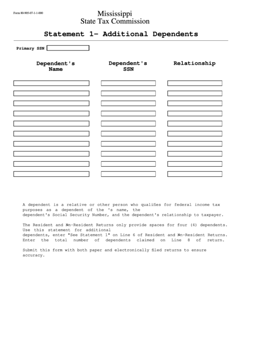Form 80-905-07-1-1-000 - Statement 1- Additional Dependents Printable pdf