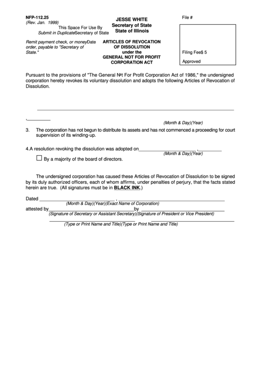 Form Nfp-112.25 - Articles Of Revocation Of Dissolution Under The General Not For Profit Corporation Act Printable pdf