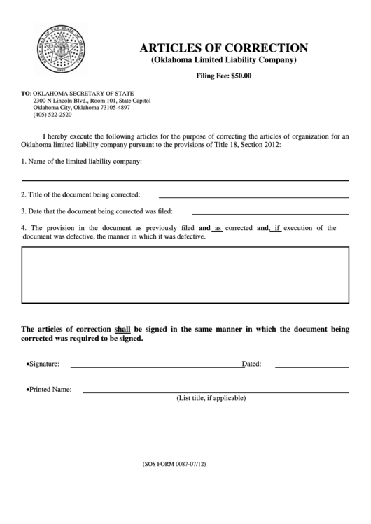 Form 0087-07/12 - Articles Of Correction - Oklahoma Limited Liability Company - Oklahoma Secretary Of State Printable pdf