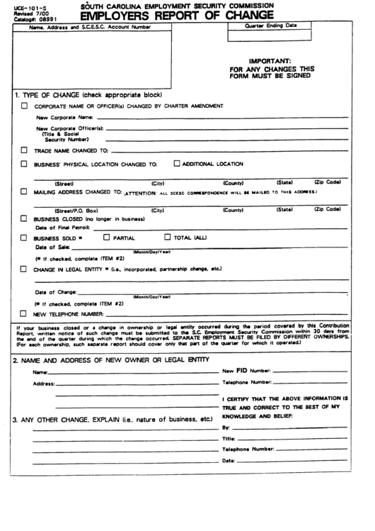 Form Uce 101 S Employers Report Of Change Printable Pdf Download