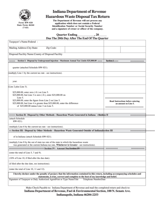 Form Hw-020 - State Form 46244 - Hazardous Waste Disposal Tax Return Printable pdf