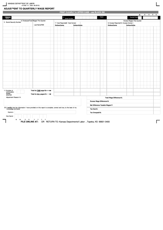 Form K-Cns 111 - Adjustment To Quarterly Wage Report Printable pdf
