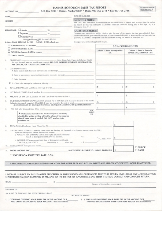 Sales Tax Report Form - Haines Borough Printable pdf