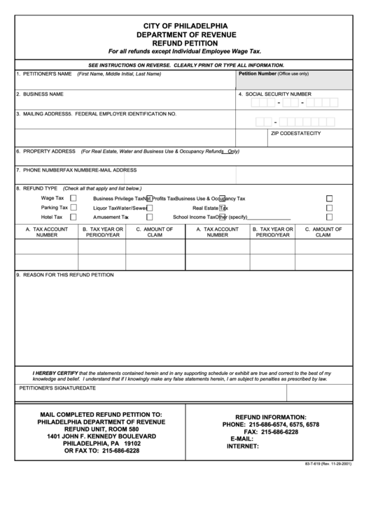 Form 83-T-619 - Refund Petition Printable pdf