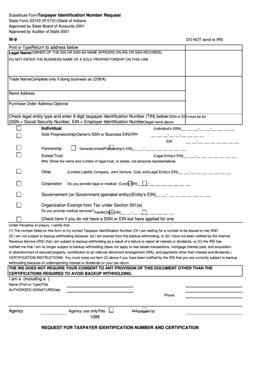 Form 23743 - Taxpayer Identification Number Request Printable pdf