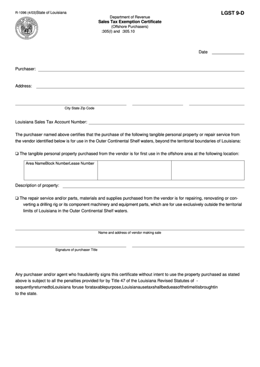 Fillable Form Lgst 9-D - Sales Tax Exemption Certificate Printable pdf