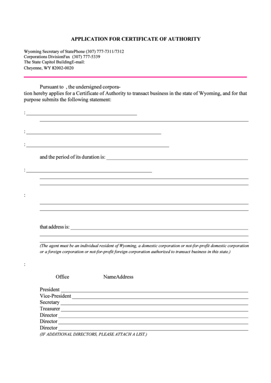 Application For Certificate Of Authority Form - State Of Wyoming Printable pdf