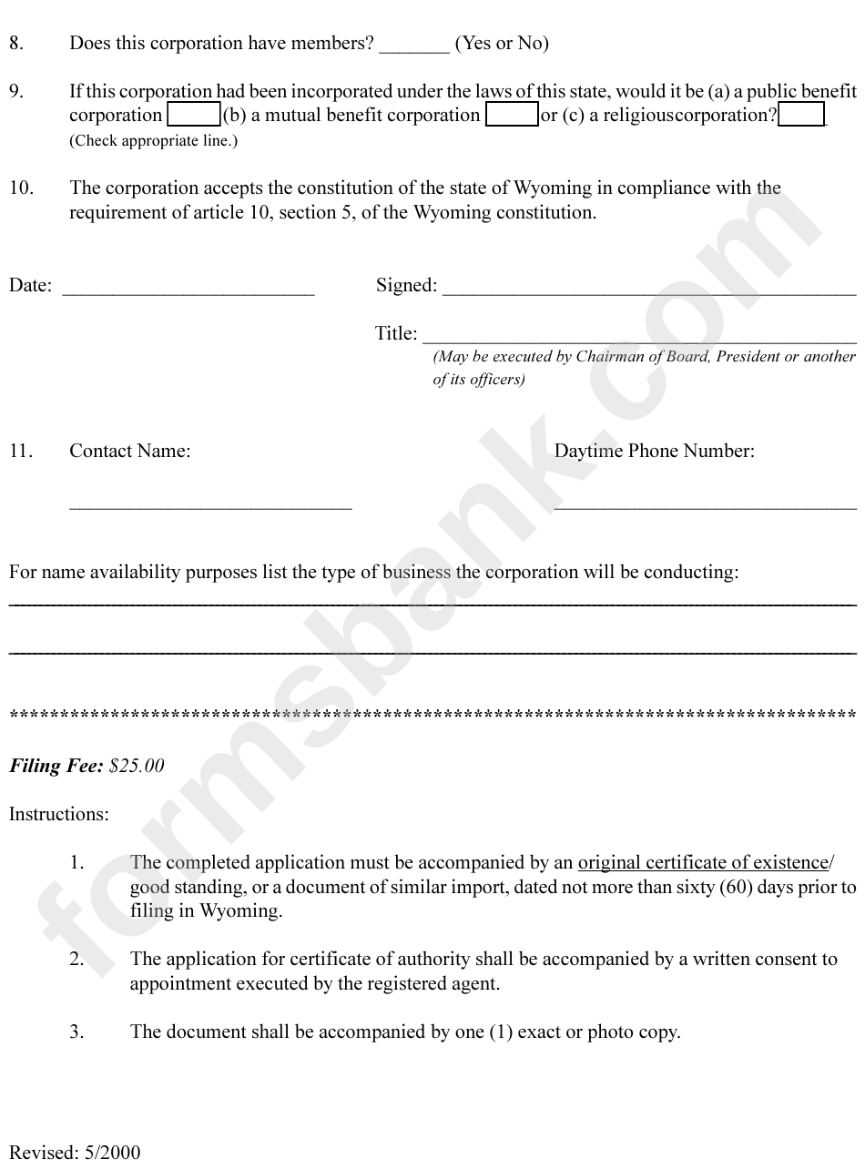 Application For Certificate Of Authority Form - State Of Wyoming