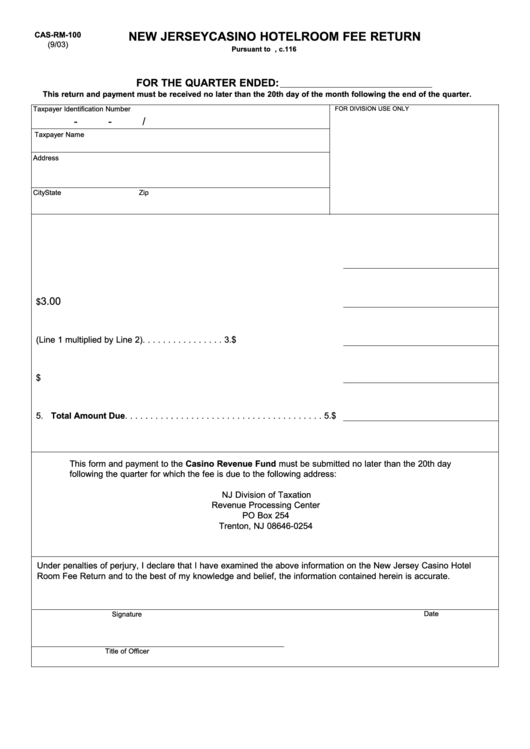 Fillable Form Cas-Rm-100 - New Jersey Casino Hotel Room Fee Return Printable pdf