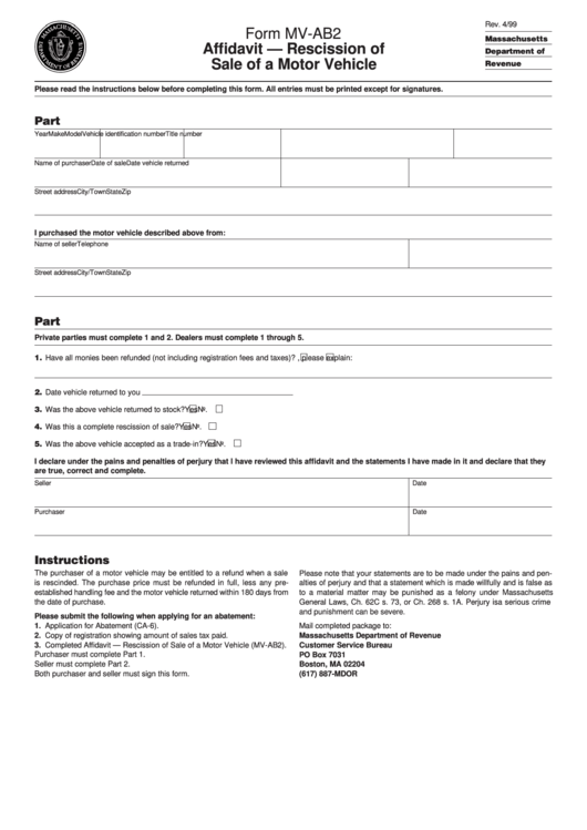 Form Mv-Ab2 - Affidavit - Rescission Of Sale Of A Motor Vehicle - 1999 Printable pdf