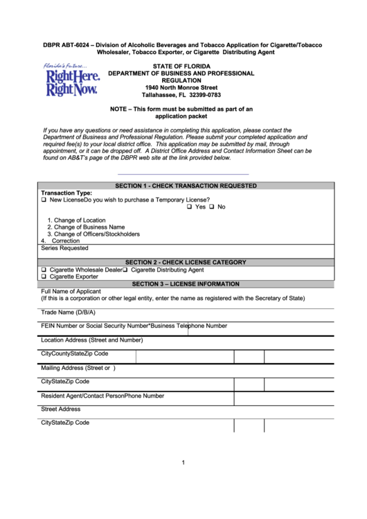 Form Dbpr Abt-6024 - Application For Cigarette/tobacco Wholesaler, Tobacco Exporter, Or Cigarette Distributing Agent Printable pdf