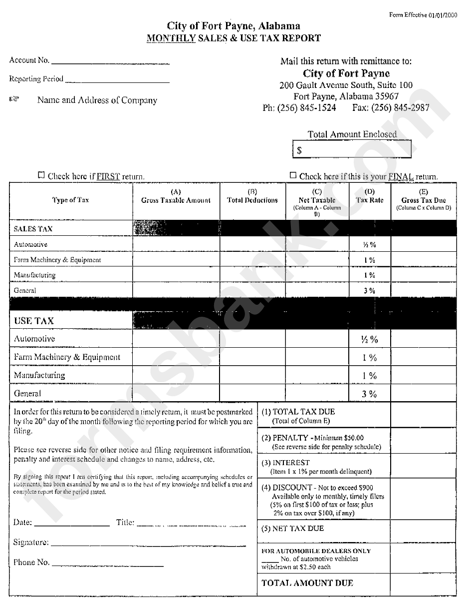 Monthly Sales And Use Tax Report Form - City Of Fort Payne