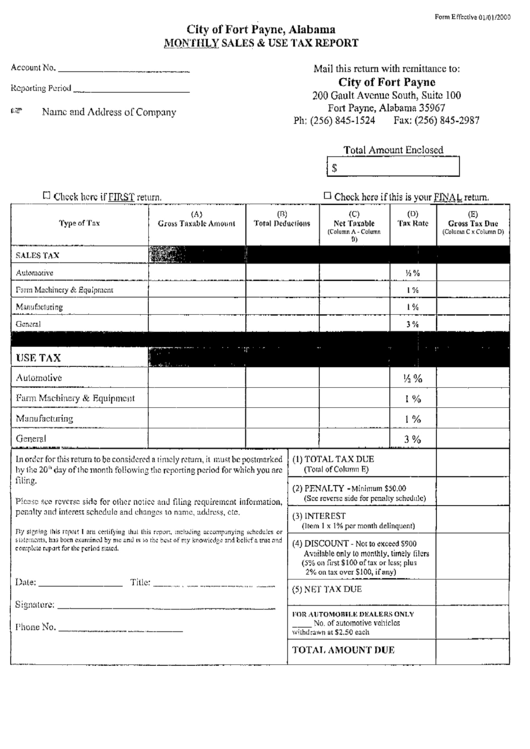 Monthly Sales And Use Tax Report Form - City Of Fort Payne Printable pdf