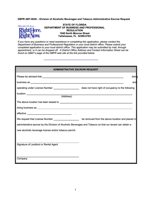 Form Dbpr Abt-6030 - Administrative Escrow Request Printable pdf