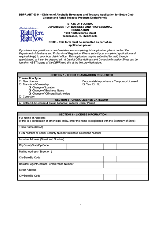 Form Dbpr Abt-6034 - Application For Bottle Club License And Retail Tobacco Products Dealer Permit Printable pdf
