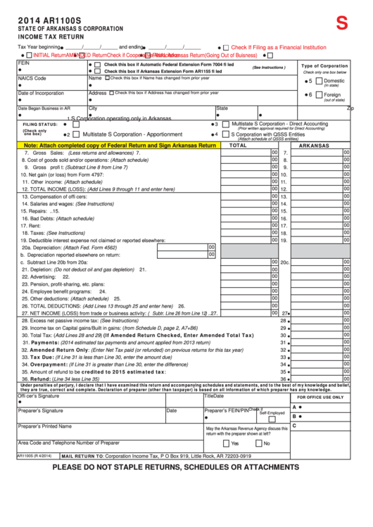 Form Ar1100s - State Of Arkansas S Corporation Income Tax Return - 2014 ...