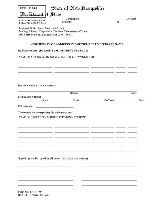 Fillable Form Tn-5 - Certificate Of Addition In Partnership Using Trade Name Printable pdf