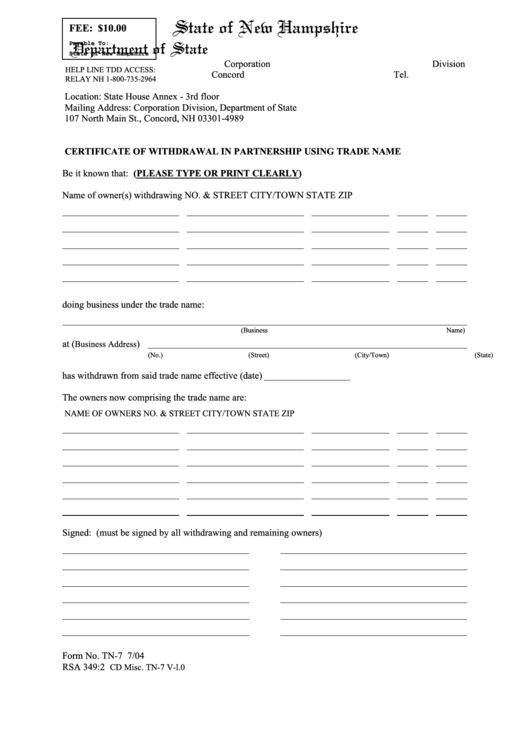 Fillable Form Tn-7 - Certificate Of Withdrawal In Partnership Using Trade Name Printable pdf