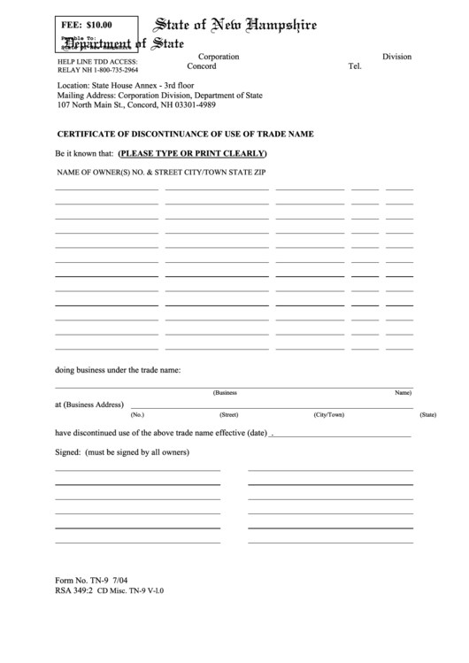 Fillable Form Tn-9 - Certificate Of Discontinuance Of Use Of Trade Name Printable pdf