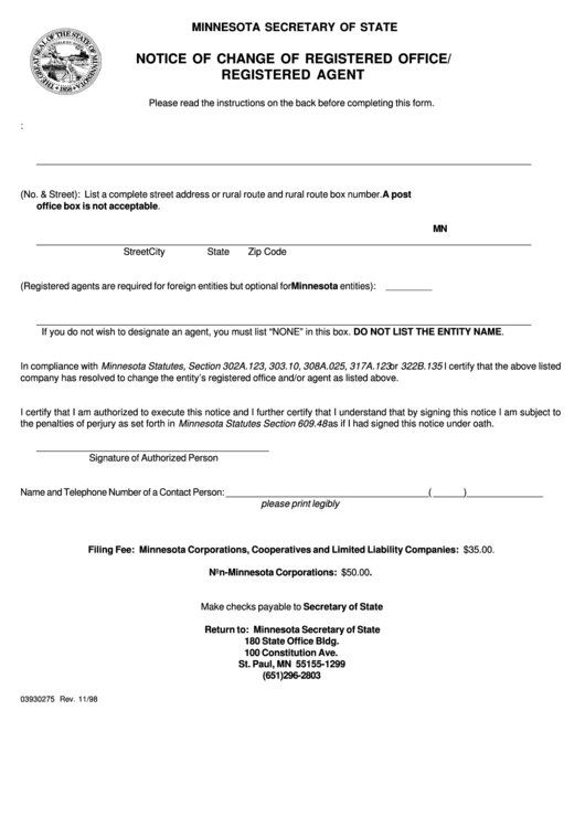 Notice Of Change Of Registered Office Form - Minnesota Secretary Of State - 1998 Printable pdf