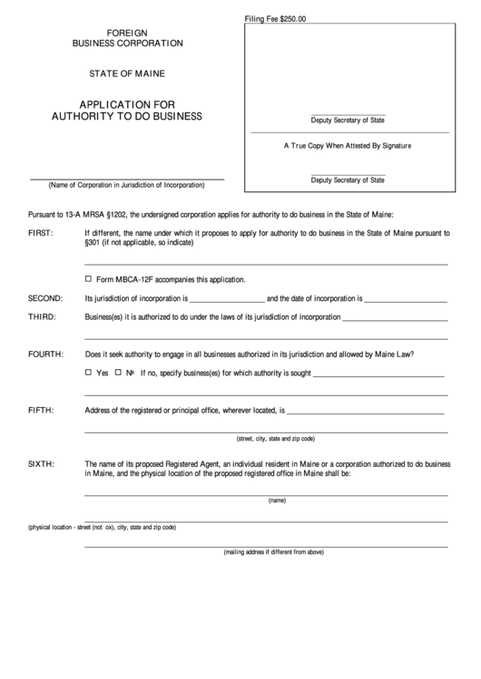 Form Mbca-12 - Application For Authority To Do Business Form - State Of Maine Printable pdf