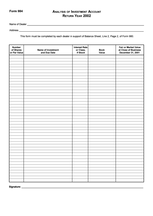 Form 984 - Analysis Of Investment Account - 2002 Printable pdf
