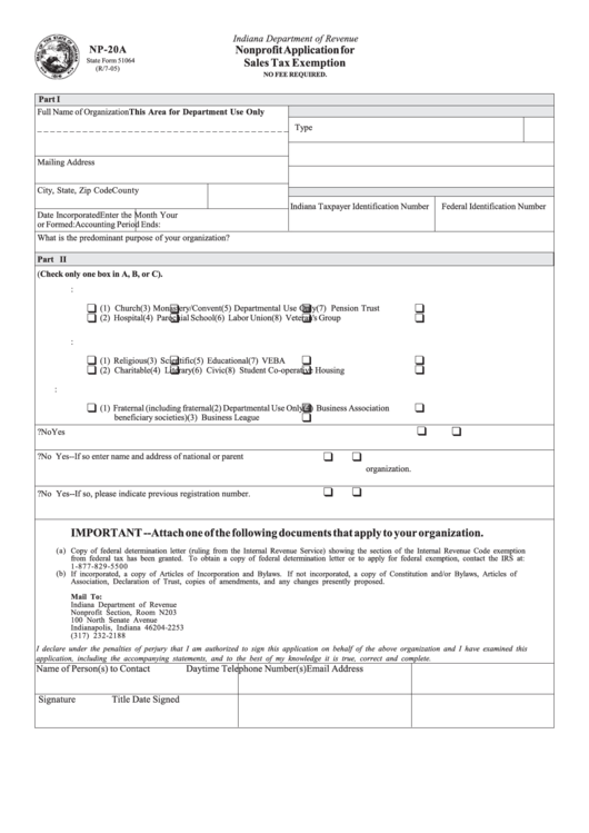 Form Np-20a - State Form 51064 - Nonprofit Application For Sales Tax Exemption Printable pdf