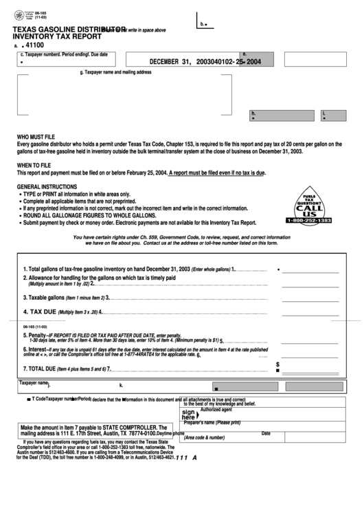 Fillable Form 06-165 - Texas Gasoline Distributor Inventory Tax Report Printable pdf