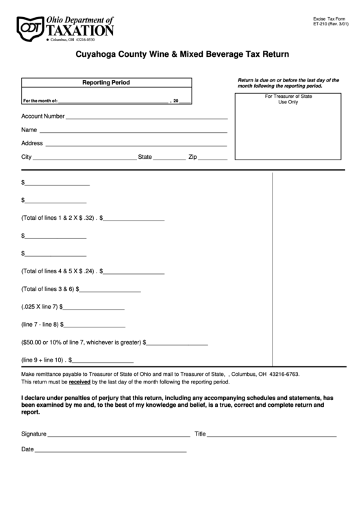 Form Et-210 - Cuyahoga County Wine & Mixed Beverage Tax Return Printable pdf