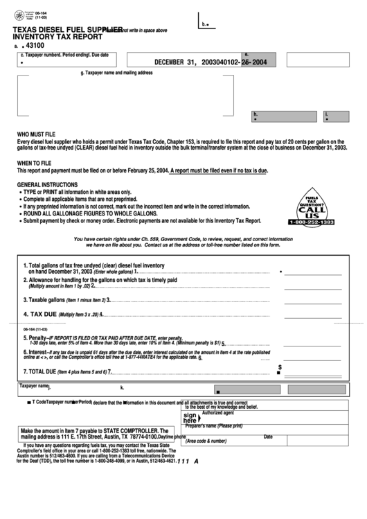 Fillable Form 06-164 - Texas Diesel Fuel Supplier Inventory Tax Report Printable pdf