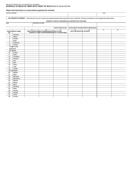 Fillable Form Boe-534-Fo - Schedule Of Miles Of Fiber Optic Right Of Way Printable pdf