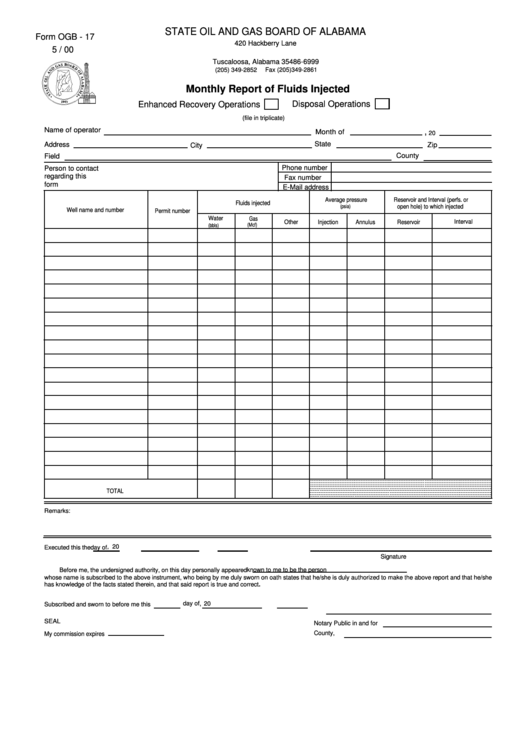 Form Ogb - 17 - Monthly Report Of Fluids Injected Printable pdf