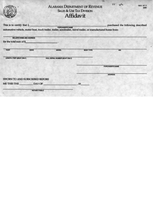 Form Af-2 - Affidavit Printable pdf