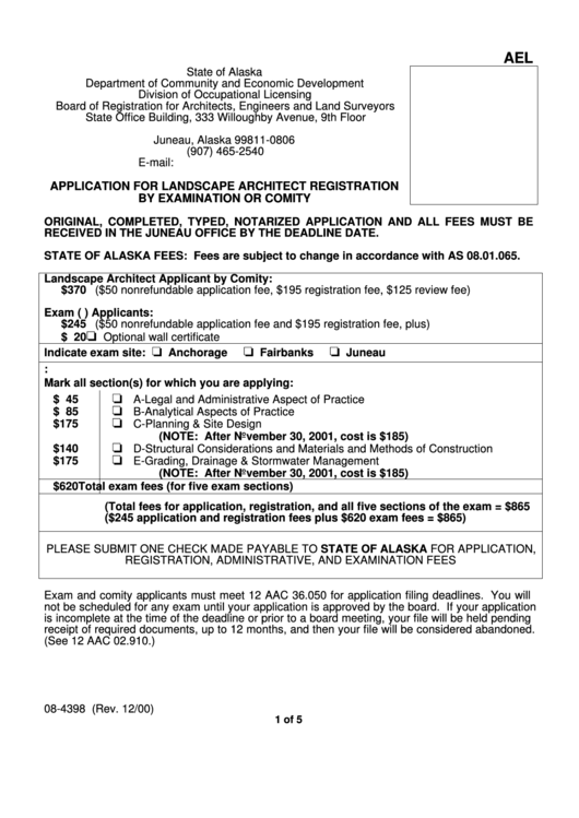 Fillable Form 08-4398 - Application For Landscape Architect Registration By Examination Or Comity Printable pdf