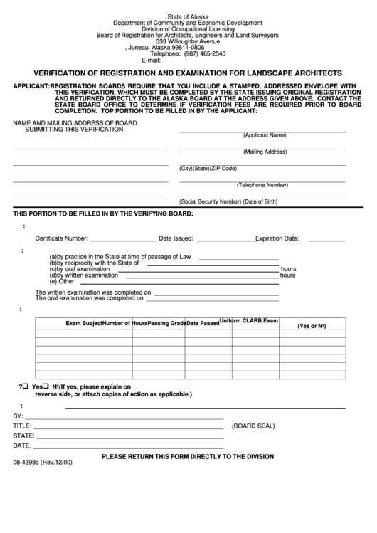 Fillable Form 08-4398c - Verification Of Registration And Examination For Landscape Architects Printable pdf