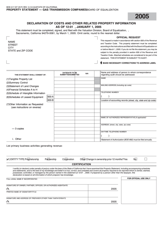 Fillable Form Boe-517-Gt - Property Statement - Gas Transmission Companies 2005 Printable pdf