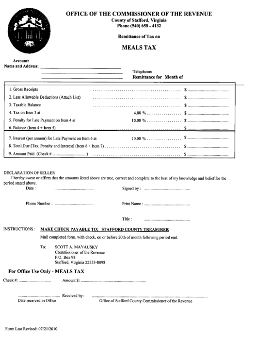 Meals Tax Form Printable pdf