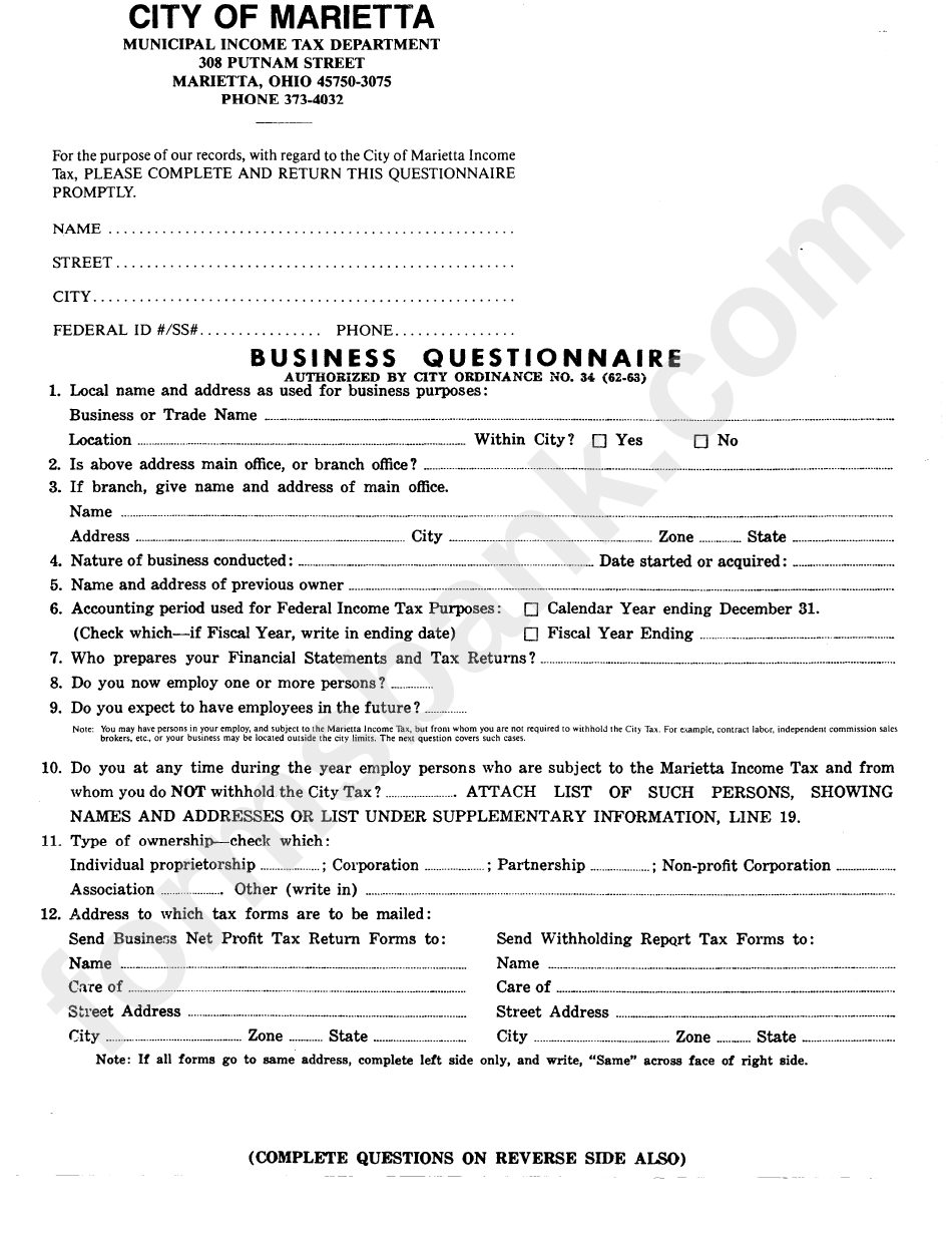 Business Questionnaire Template - City Of Marietta Income Tax Department - Georgia