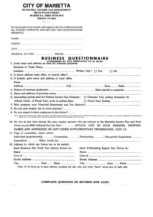 Business Questionnaire Template - City Of Marietta Income Tax Department - Georgia Printable pdf