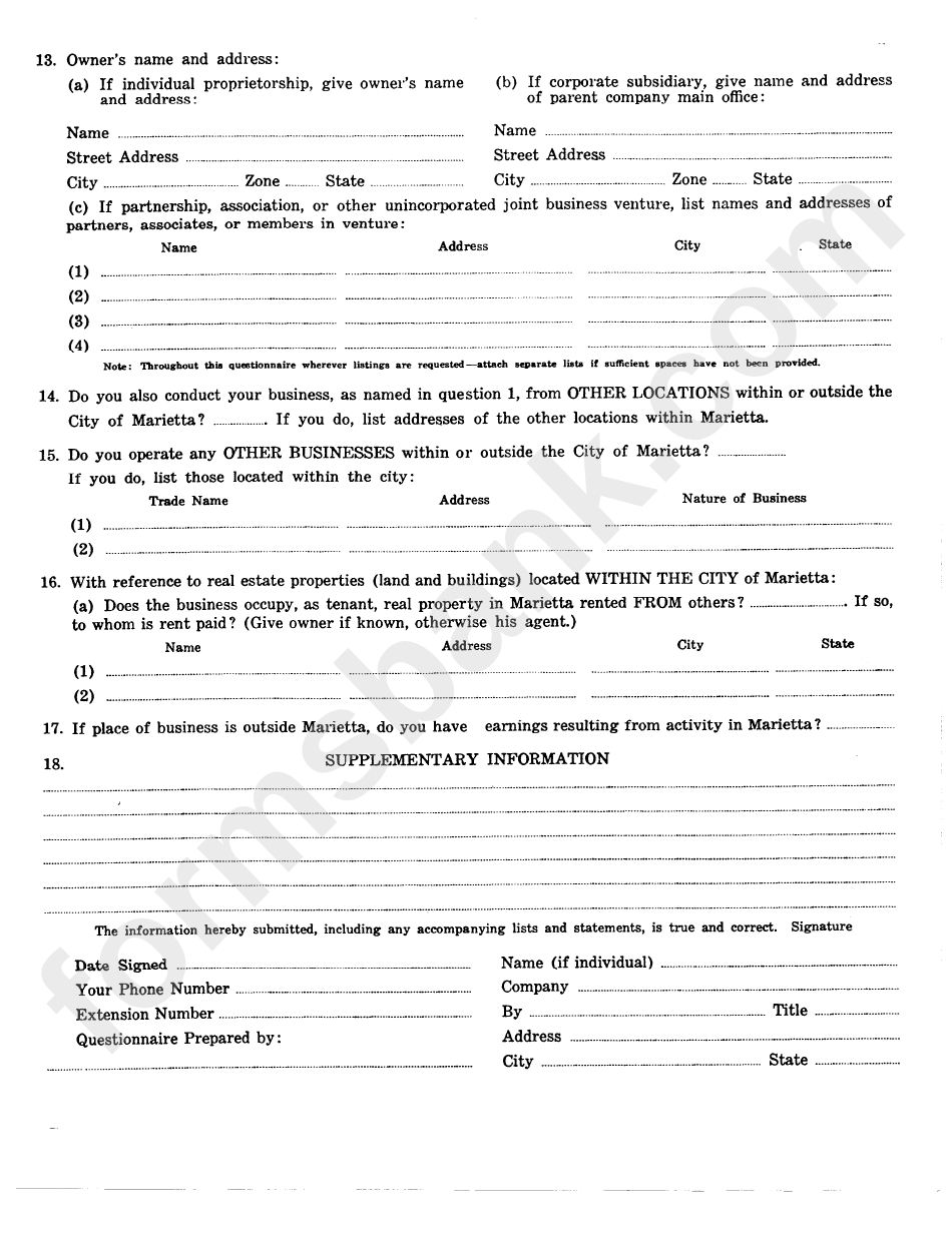 Business Questionnaire Template - City Of Marietta Income Tax Department - Georgia