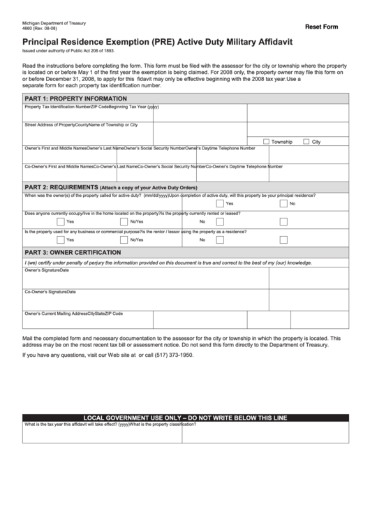 Fillable Form 4660 - Principal Residence Exemption (Pre) Active Duty Military Affidavit Printable pdf