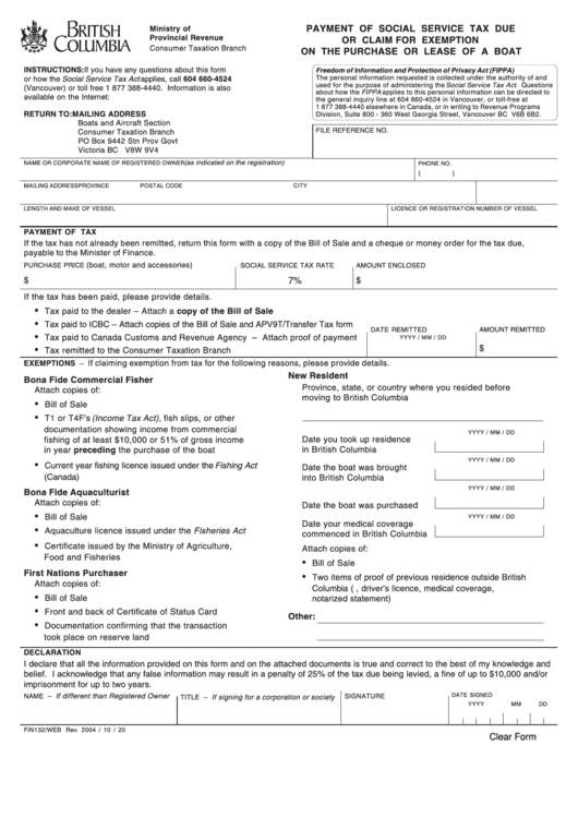 Fillable Form Fin 132/web - Payment Of Social Service Tax Due Or Claim For Exemption On The Purchase Or Lease Of A Boat Printable pdf