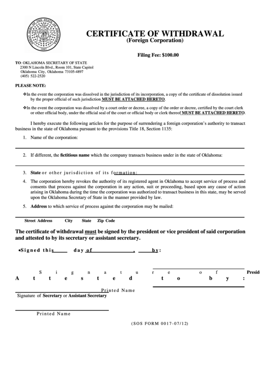 Form 0017-07/12 - Certificate Of Withdrawal - Foreign Corparation - Oklahoma Secretary Of State Printable pdf